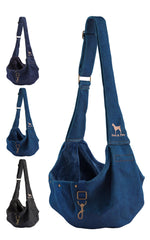 Noah & Paw dog sling denim closeup for stylish comfort on outings