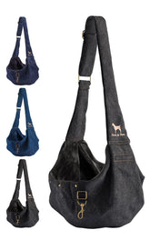 NOAH & PAW dog sling carrier in premium denim, front view, ideal for hands-free walks