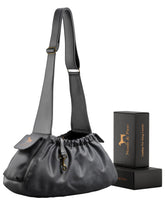 Noah & Paw dog sling front view showing vegan leather and fur lining for cozy carries