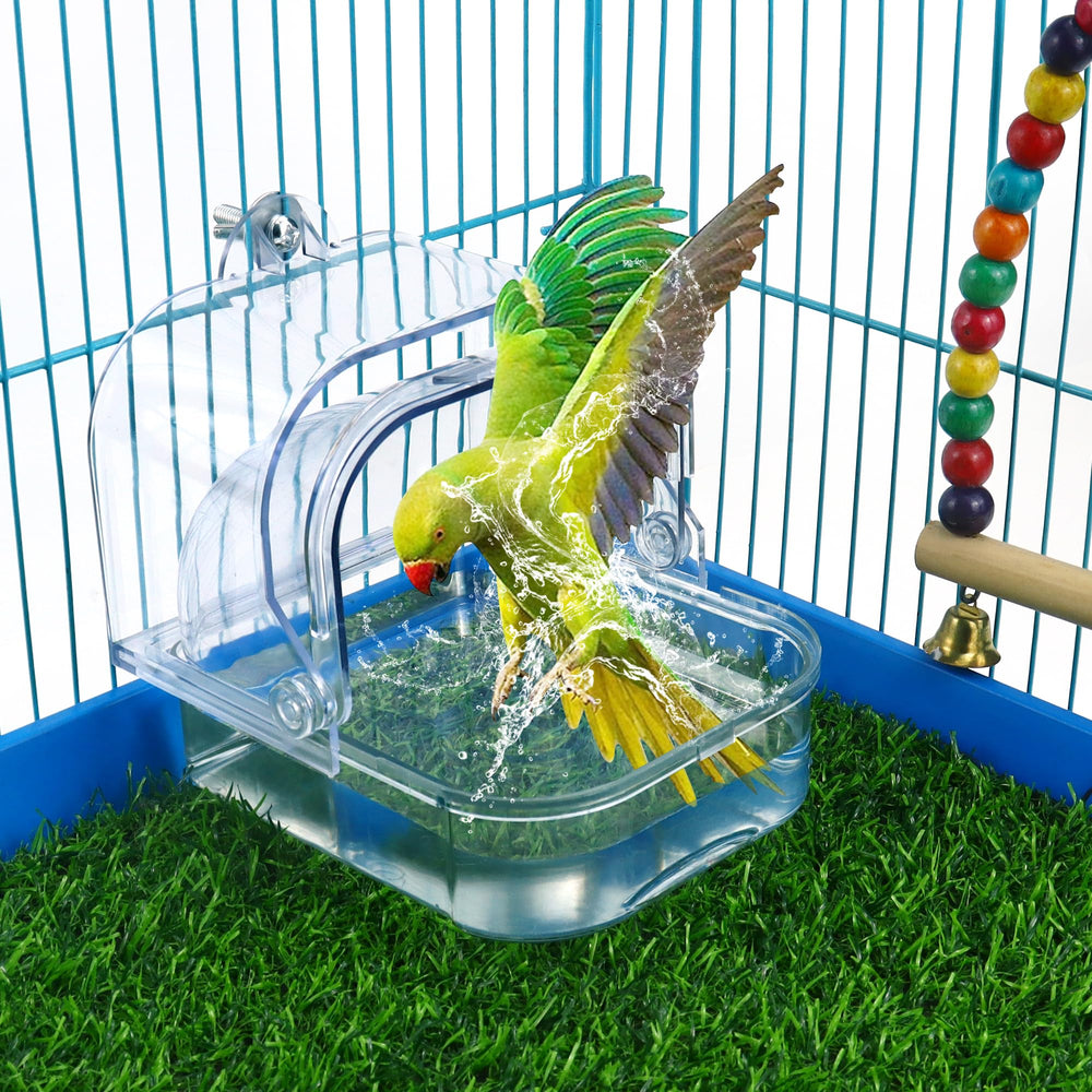 Nobgum bird bath cage with hanging hooks demonstrates quick, secure installation for cage use.