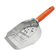 Nobiqfoq metal cat litter scoop shows ergonomic wooden handle for comfortable cleaning