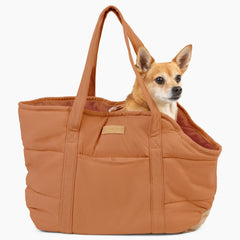 NoblePup plush dog purse carrier exterior in brown for cozy travel with small dogs.