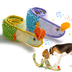 Nocciola EEL squeaky dog toy in blue-yellow for durable tug-of-war and active play.