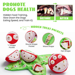 Nocciola hide-and-seek plush dog toy watermelon pulp pockets inspire sniffing and treat-search play.