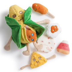 Nocciola Squeaky Crinkle Corn Dog Toy Pack front view for engaging small-breed play