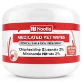Nootie medicated dog wipes pack front, promotes convenient pet hygiene between washes.