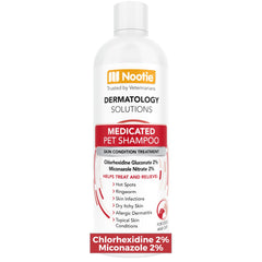 Nootie Medicated Pet Shampoo bottle focusing on itch relief and grooming.