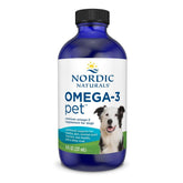 Nordic Naturals Omega-3 Pet bottle label highlights dog-friendly formula for skin, coat, and heart support