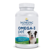 Nordic Naturals Omega-3 Pet bottle close-up highlighting purity for heart and coat health