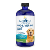 Nordic Naturals Pet Cod Liver Oil bottle on countertop promoting healthy skin and coat