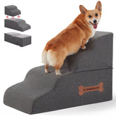 Nordjager dog-stairs-assembled-grey image shows four-step ramp aiding small dogs to bed.
