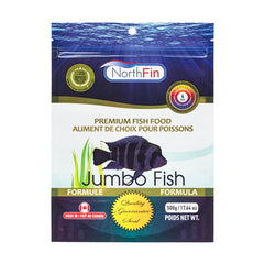 NorthFin Fish Food Jumbo Formula packaging displays slow-sinking pellets for balanced nutrition in large freshwater fish.