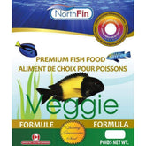 Northfin Veggie Fish Food ingredients bowl highlights organic kelp and spirulina for balanced nutrition.
