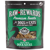 Northwest Naturals Raw Rewards duck neck treats, whole neck in a 5oz package for travel convenience.