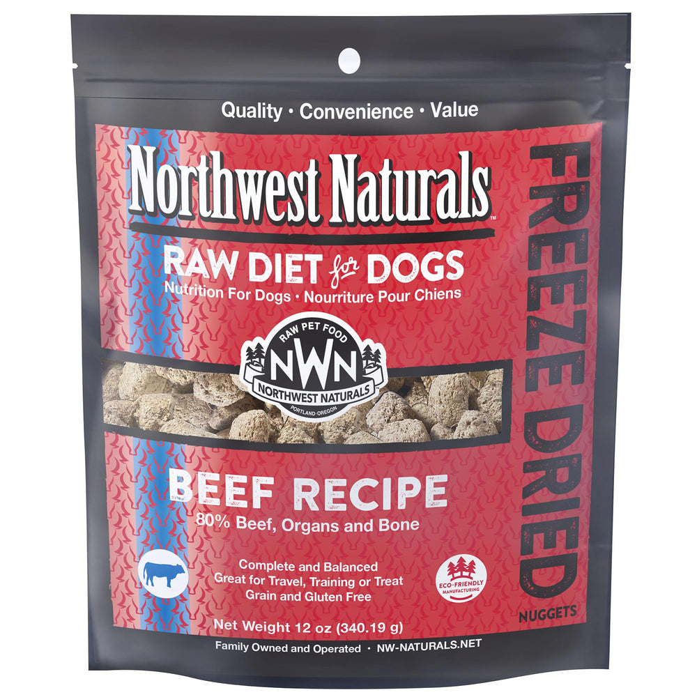 Northwest Naturals freeze-dried beef dog food bite-sized nuggets for meals and training.