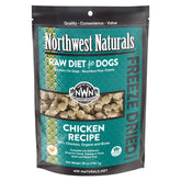 Northwest Naturals freeze-dried chicken dog food packaging shows USA-made quality and safety.