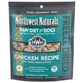 Northwest Naturals freeze-dried chicken nuggets packaging close-up highlights premium US-made ingredients for dogs.