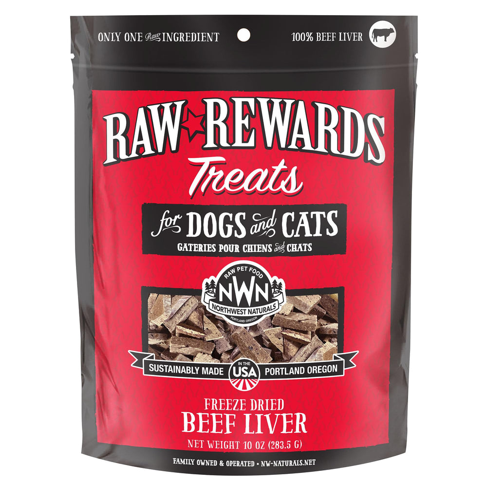 Northwest Naturals Raw Rewards package shows USA-made, quality freeze-dried beef liver treats.
