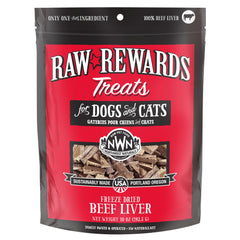 Northwest Naturals Raw Rewards package shows USA-made, quality freeze-dried beef liver treats.