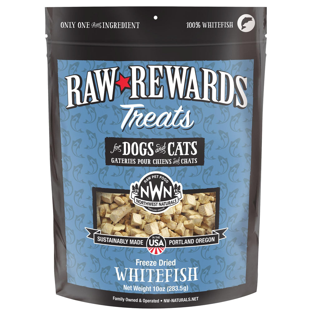 Northwest Naturals Raw Rewards whitefish pack front—high-quality, human-grade treats ideal for training rewards.