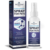 NOVEHA 1% Hydrocortisone Spray bottle pour demonstrates quick itch relief for pets.
