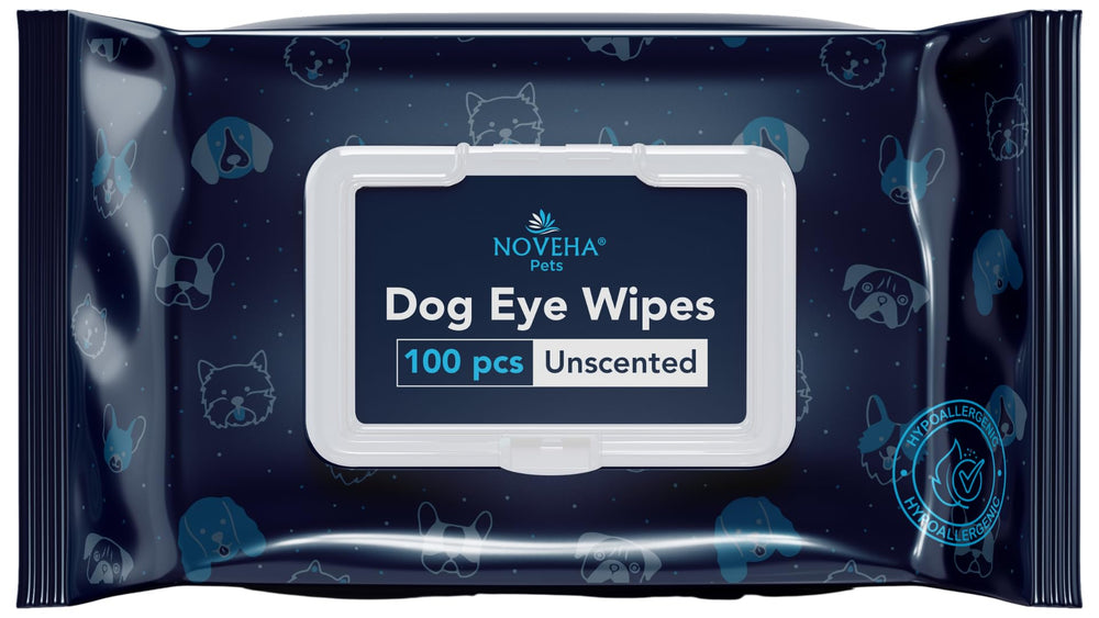 NOVEHA dog eye wipes packaging shows a convenient, ready-to-use eye care solution.