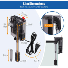 Novique HOB Slim filter top view highlighting slim footprint for small tanks.