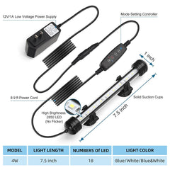 Novique LED submersible aquarium light in white mode brightens tank details and colors.