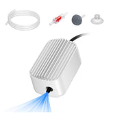 Novique Quiet Aquarium Air Pump side view showing compact footprint for 3-20 gallon tanks and efficient aeration.