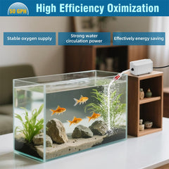 Novique Quiet Aquarium Air Pump top-down view showcases built-in tubing and accessories for quick setup.