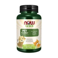 NOW Pet Health allergy bottle highlights NASC-certified support for pet histamine balance