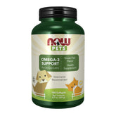 NOW Pets Omega-3 softgels bottle demonstrates NASC-certified formula for joint support.
