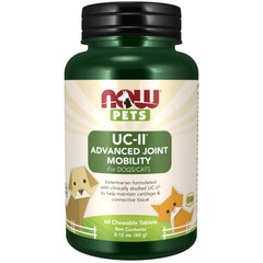 NOW Pets UC-II advanced joint mobility bottle front shows chews supporting joint mobility