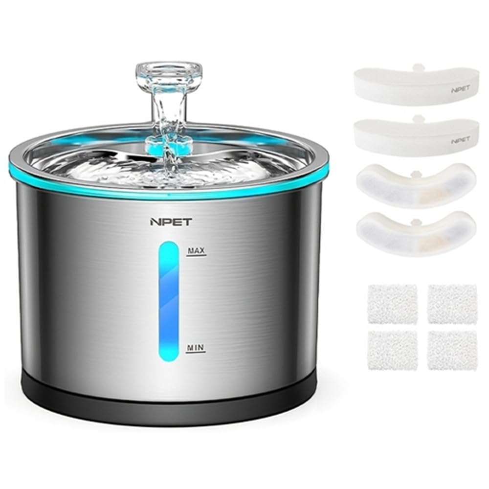 NPET WF210 water fountain front view showing stainless-steel build for easy hydration