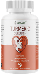 NTCARE turmeric dog bottle close-up showing chewable tablets for joint support