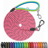 NTR Dog Long Leash 30ft recall training pink with two swivel hooks for safer control.