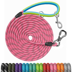 NTR Dog Long Leash 30ft recall training pink with two swivel hooks for safer control.