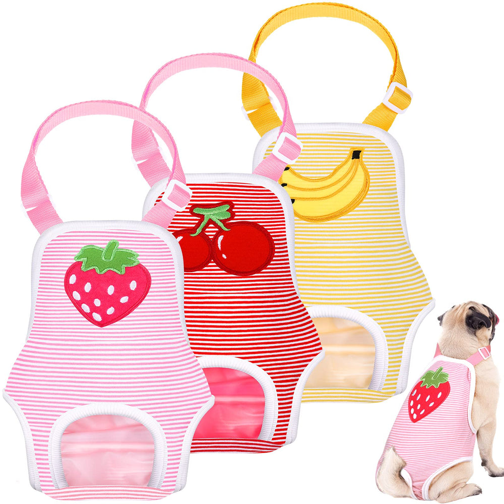 Nuanchu dog diaper fruit pattern demonstrates secure fit for travel and incontinence control.
