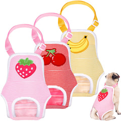 Nuanchu dog diaper fruit pattern demonstrates secure fit for travel and incontinence control.