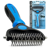 NuewayPets FureverBrush dual-head closeup showing gentle deshedding in action for dogs.