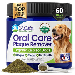 NuLife Dog Teeth Cleaning Powder tub close-up showing organic kelp for healthier smiles.
