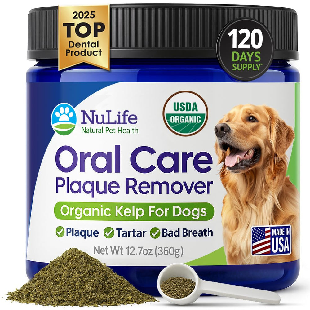 NuLife Natural Pet Health dog teeth cleaning powder bottle for easy daily dental care