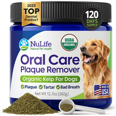 NuLife Natural Pet Health dog teeth cleaning powder bottle for easy daily dental care