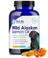 NuLife salmon oil dog bottle showcases pure omega-3 support for pets