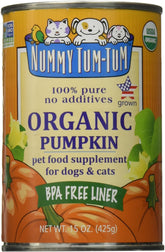 Nummy Tum Tum organic pumpkin can, 15 oz, ready for kibble topping.