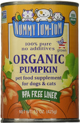 Nummy Tum Tum organic pumpkin can, 15 oz, ready for kibble topping.