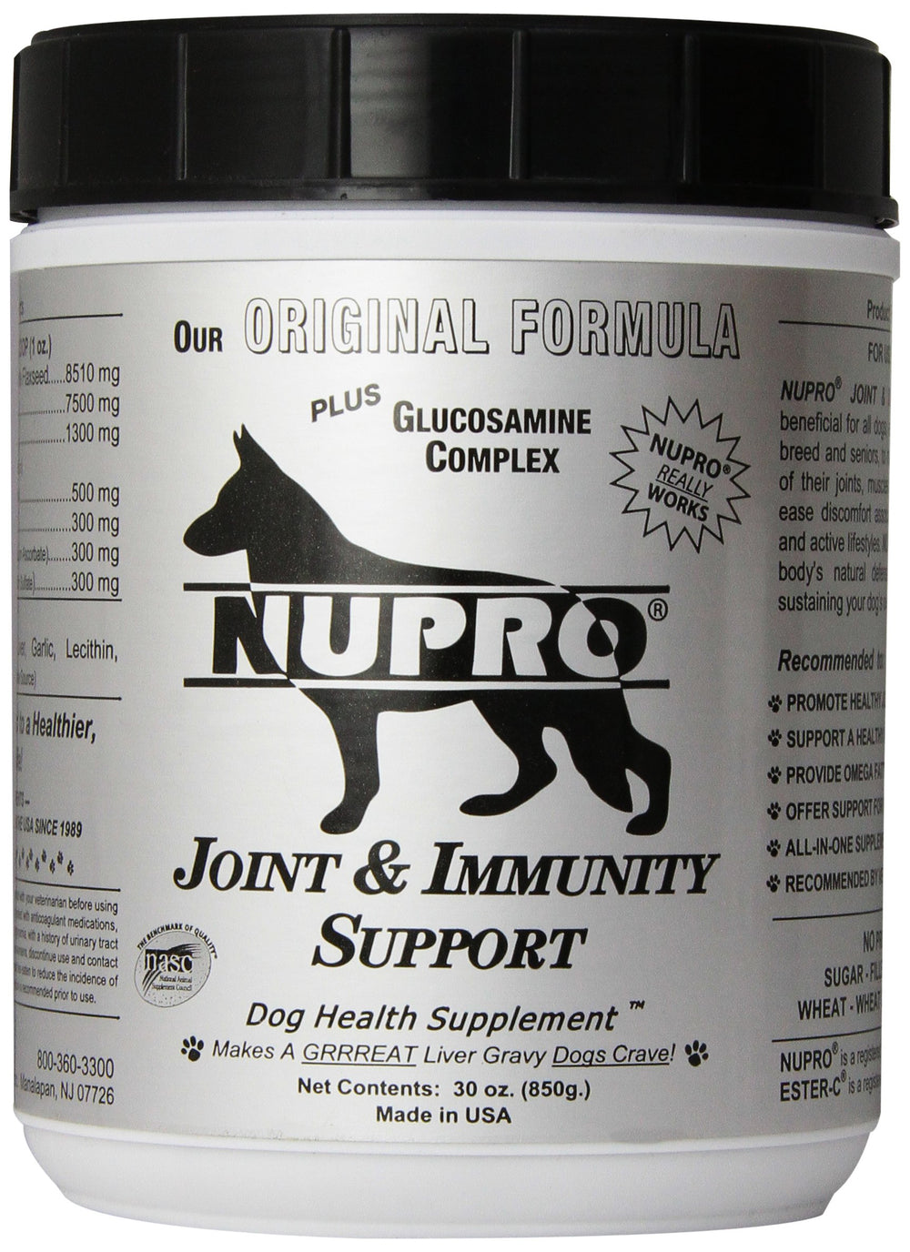 Nupro Joint Support 30oz bottle label highlights all-natural joint comfort formula