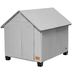 NUROMY insulated dog house outdoors with warm mat keeps pets dry and cozy in rain.