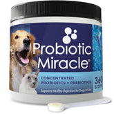 Nusentia Probiotic Miracle bottle with scoops supports dog digestive balance and daily health.