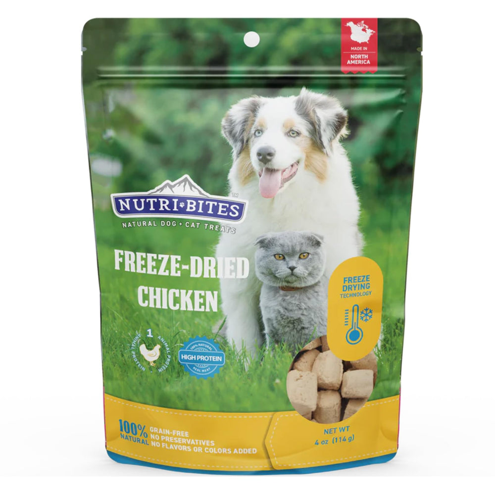 Nutri Bites freeze-dried chicken treat bag: training rewards with real-chicken taste.